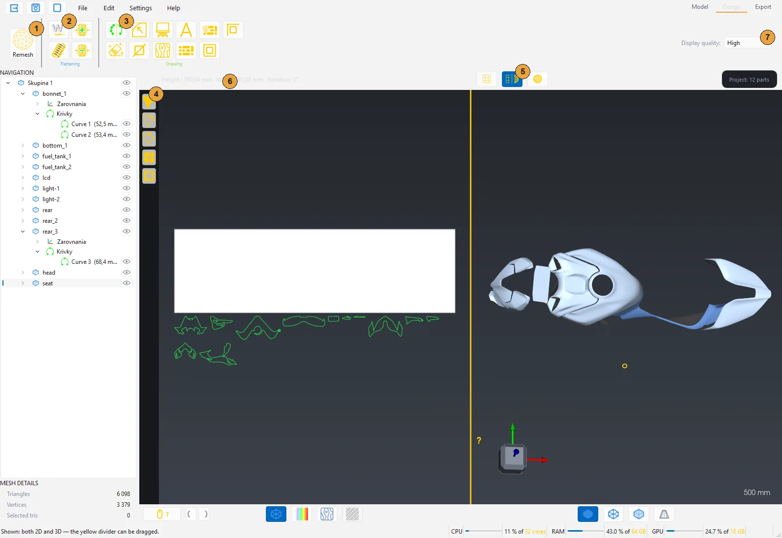 Design station with the 2D pattern on the left and the 3D model on the right
