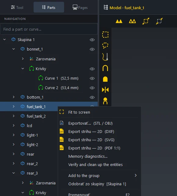 Part context menu with the export