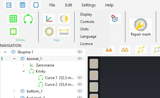 Settings menu