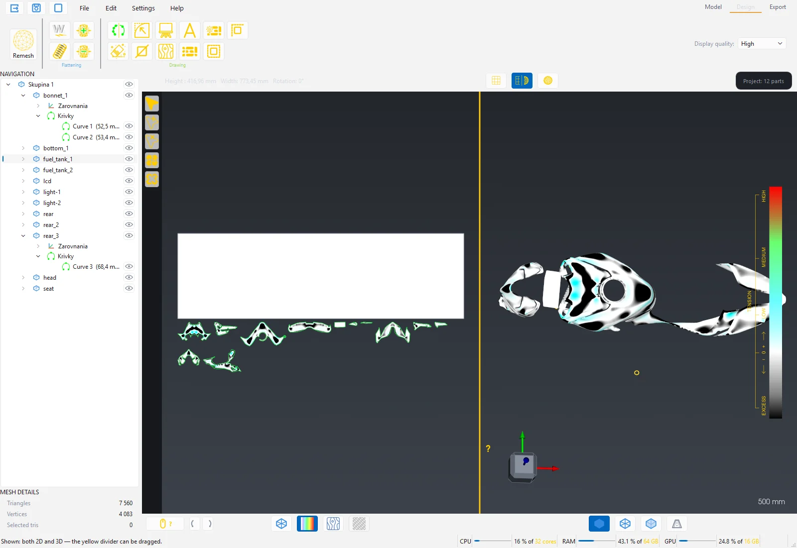 Strain map in 2D and on the 3D model with the legend