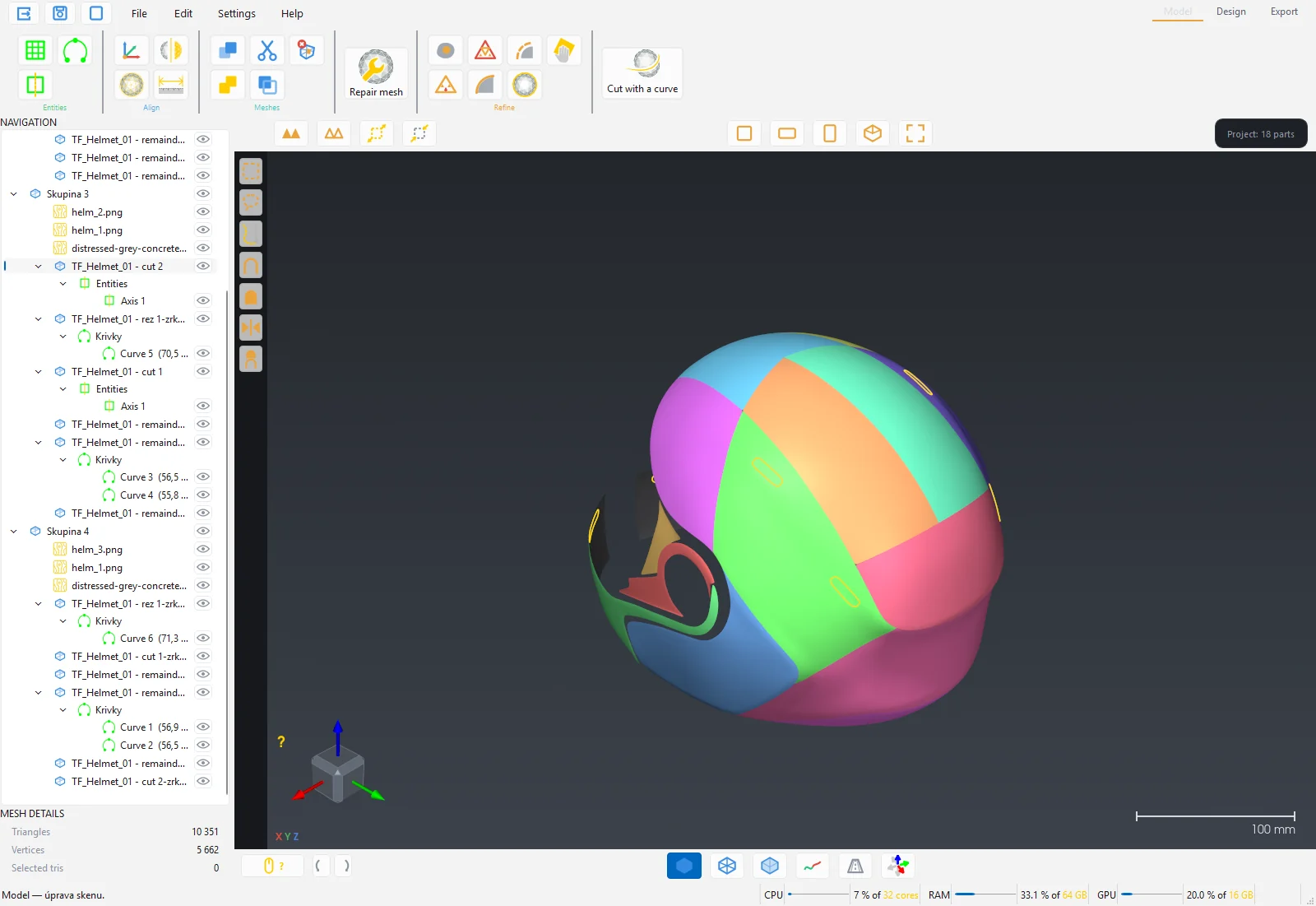 Helmet split into parts with Cut with a curve