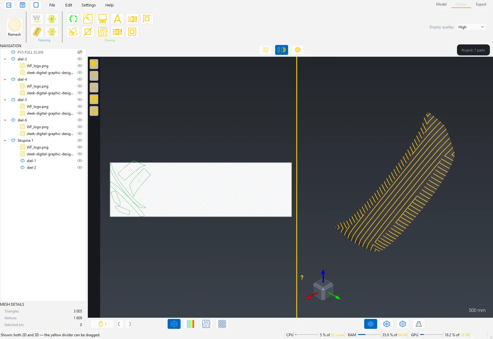 Grain direction on the 3D model of the bonnet