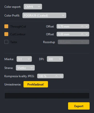 Okno PDF Export nastavenie
