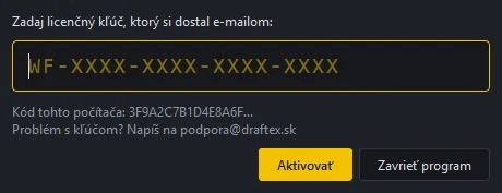 Okno aktivácie licencie