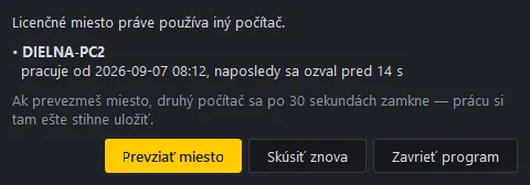 Okno obsadeného licenčného miesta