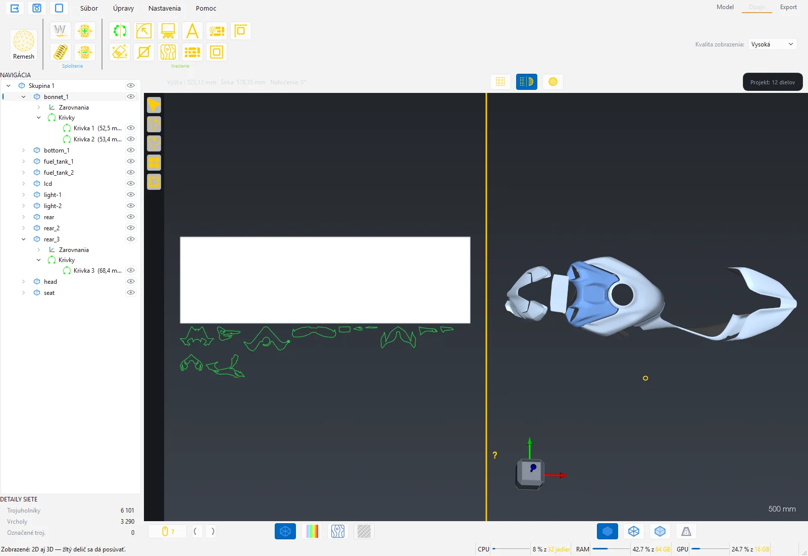 Diel po sploštení: 2D strih na bielej ploche a 3D model